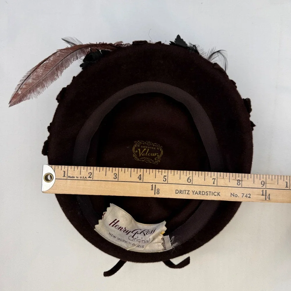 Vintage Henry G. Ross Original Brown Velour Feather Beret Hat Medium NY Paris